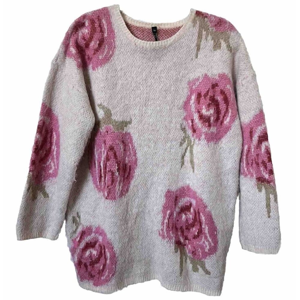 Vintage Golden Days Paris Fuzzy Knit  All‎ Over Rose Floral Long Line Sweater